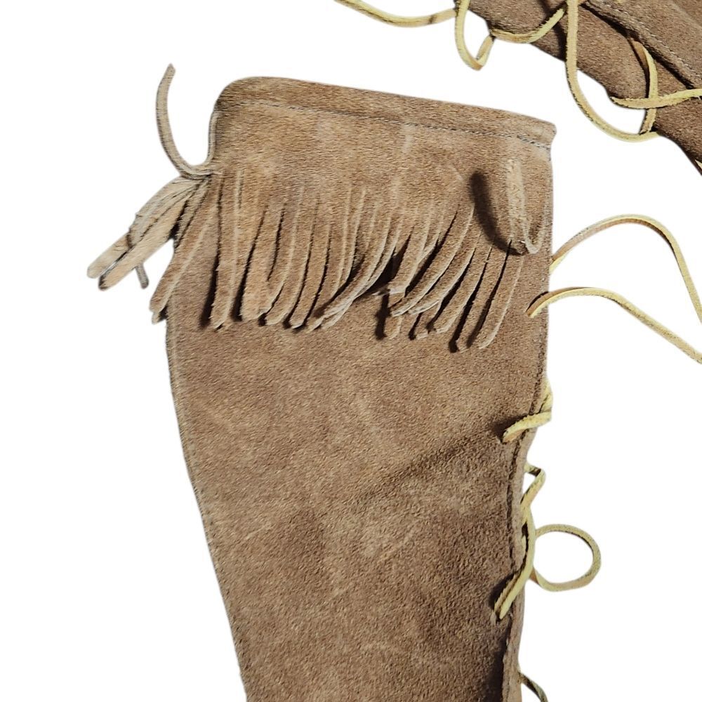 MINNETONKA Leather Moccasin Knee Boots Size 8 Fringe Boho Festival Western Indie - Picture 4 of 8